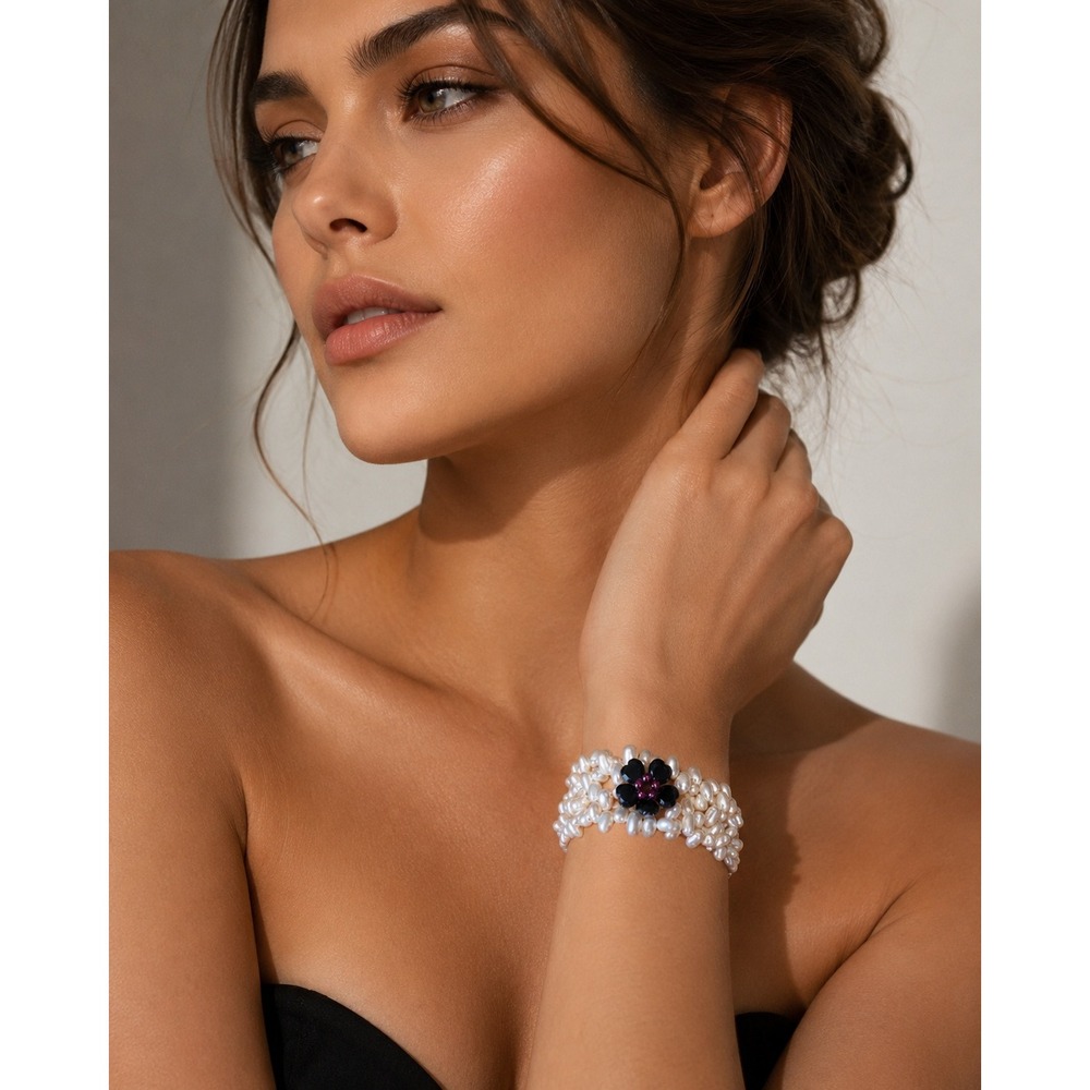 Freshwater Pearl Multi Strand Bracelet Burgundy‎ Garnet Flower Cuff White